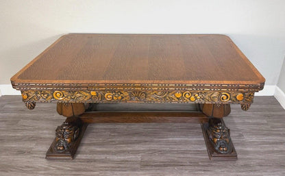 French Antique Art Deco Tiger Oak Draw Leaf Dining Table | Hand-Carved Faces