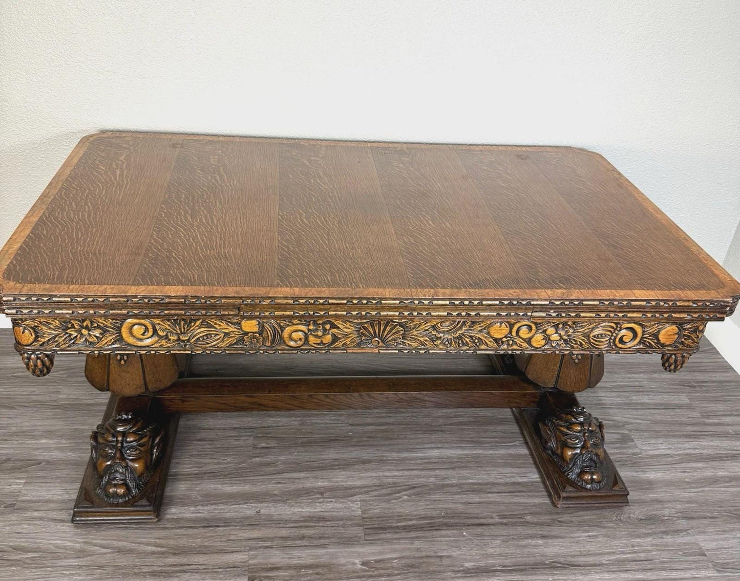 French Antique Art Deco Tiger Oak Draw Leaf Dining Table | Hand-Carved Faces