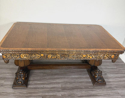 French Antique Art Deco Tiger Oak Draw Leaf Dining Table | Hand-Carved Faces