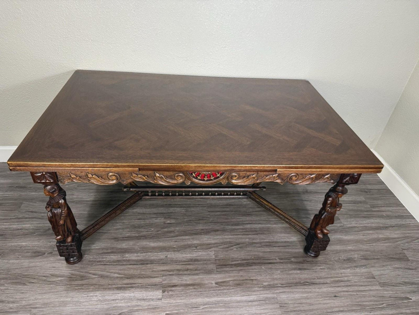French Antique Brittany Oak Draw Leaf Dining Table | Carved Expandable Table