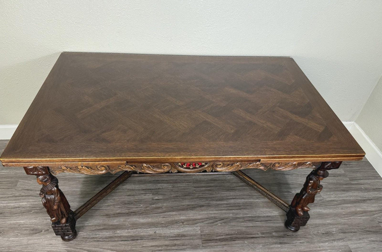 French Antique Brittany Oak Draw Leaf Dining Table | Carved Expandable Table