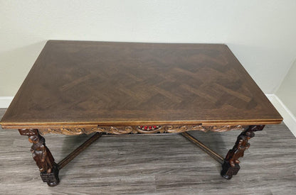 French Antique Brittany Oak Draw Leaf Dining Table | Carved Expandable Table