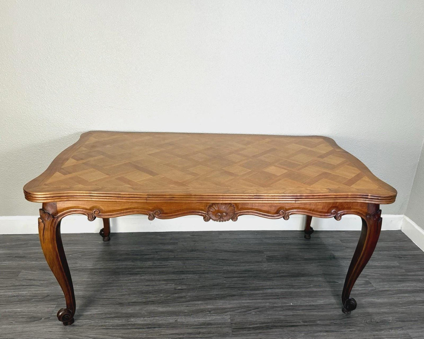 French Antique Louis XV Walnut Dining Table Carved & Parquet Top