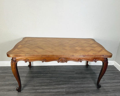 French Antique Louis XV Walnut Dining Table Carved & Parquet Top