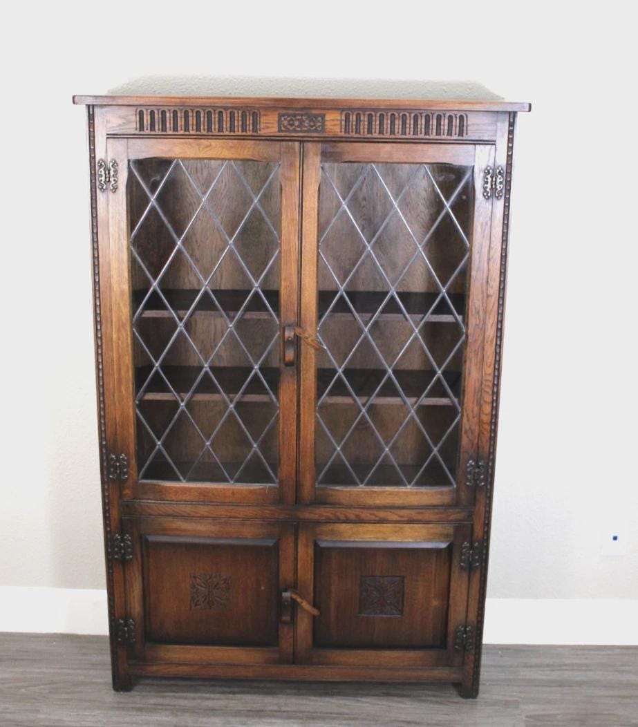 English Antique Oak Leaded Glass Bookcase / Display Cabinet