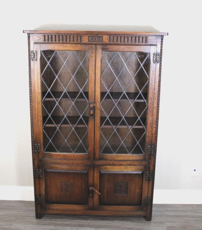 English Antique Oak Leaded Glass Bookcase / Display Cabinet