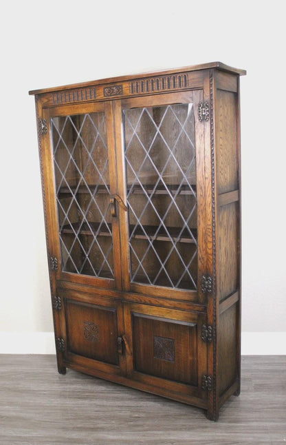 English Antique Oak Leaded Glass Bookcase / Display Cabinet