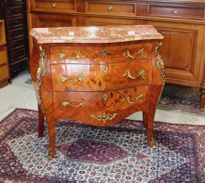 French Antique Louis XV Inlaid Marble Top Chest | Small Dresser w/ 3 Drawers