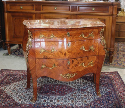French Antique Louis XV Inlaid Marble Top Chest | Small Dresser w/ 3 Drawers