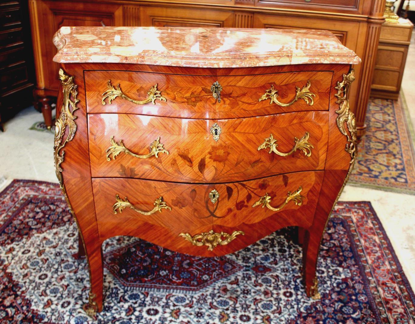 French Antique Louis XV Inlaid Marble Top Chest | Small Dresser w/ 3 Drawers