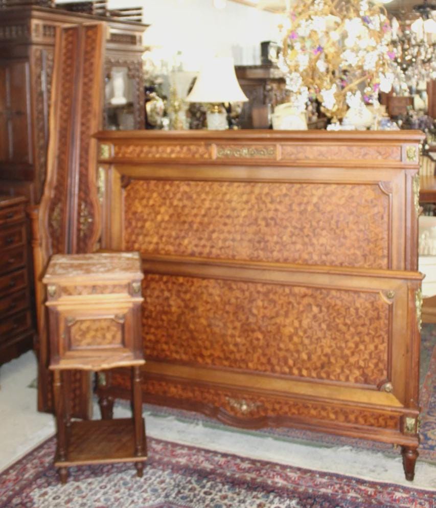 French Antique Louis XVI Parquetry Walnut Queen Bed & Nightstand | Bedroom Set