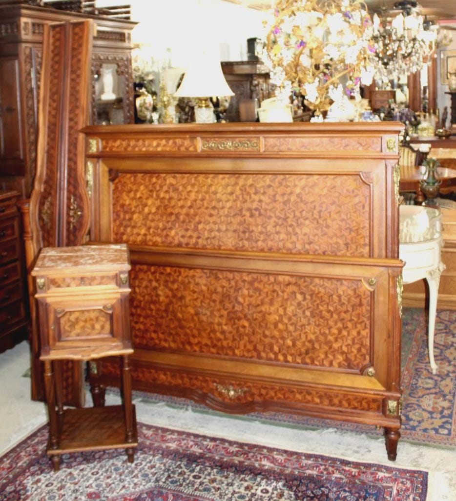 French Antique Louis XVI Parquetry Walnut Queen Bed & Nightstand | Bedroom Set