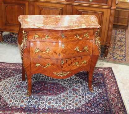 French Antique Louis XV Inlaid Marble Top Chest | Small Dresser w/ 3 Drawers