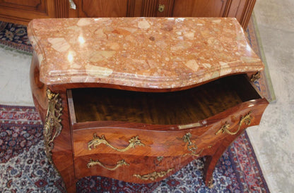 French Antique Louis XV Inlaid Marble Top Chest | Small Dresser w/ 3 Drawers