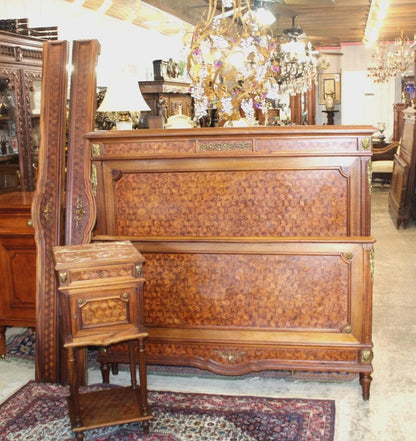 French Antique Louis XVI Parquetry Walnut Queen Bed & Nightstand | Bedroom Set