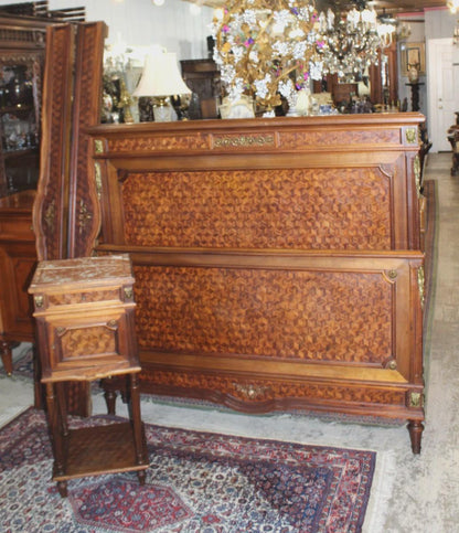 French Antique Louis XVI Parquetry Walnut Queen Bed & Nightstand | Bedroom Set