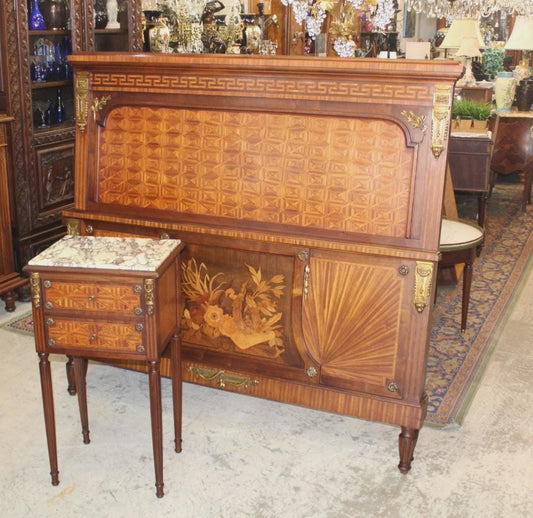 French Antique Louis XVI Inlaid Rosewood Queen Size Bed & Nightstand | Bedroom Set