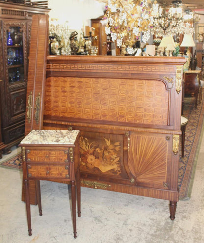 French Antique Louis XVI Inlaid Rosewood Queen Size Bed & Nightstand | Bedroom Set