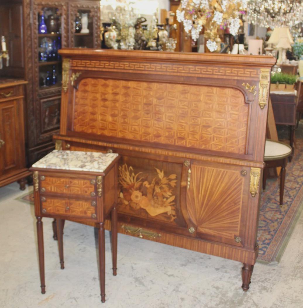 French Antique Louis XVI Inlaid Rosewood Queen Size Bed & Nightstand | Bedroom Set