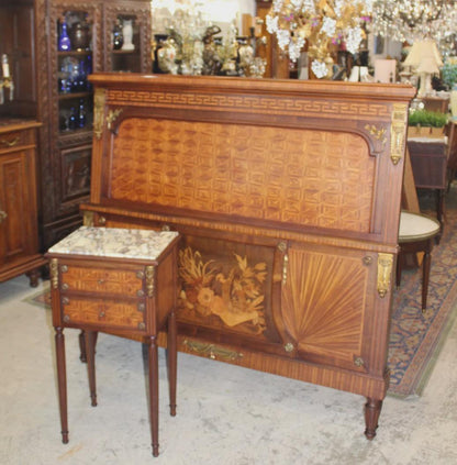 French Antique Louis XVI Inlaid Rosewood Queen Size Bed & Nightstand | Bedroom Set