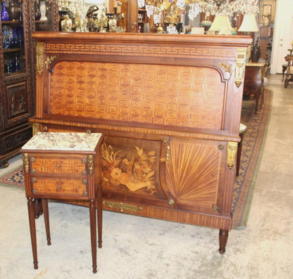 French Antique Louis XVI Inlaid Rosewood Queen Size Bed & Nightstand | Bedroom Set