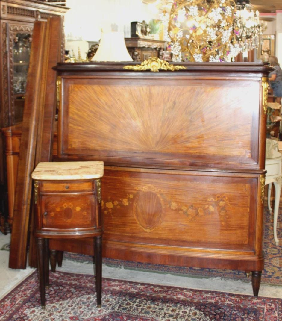 French Antique Louis XVI Inlaid Walnut Queen Bed & Nightstand | Bedroom Set