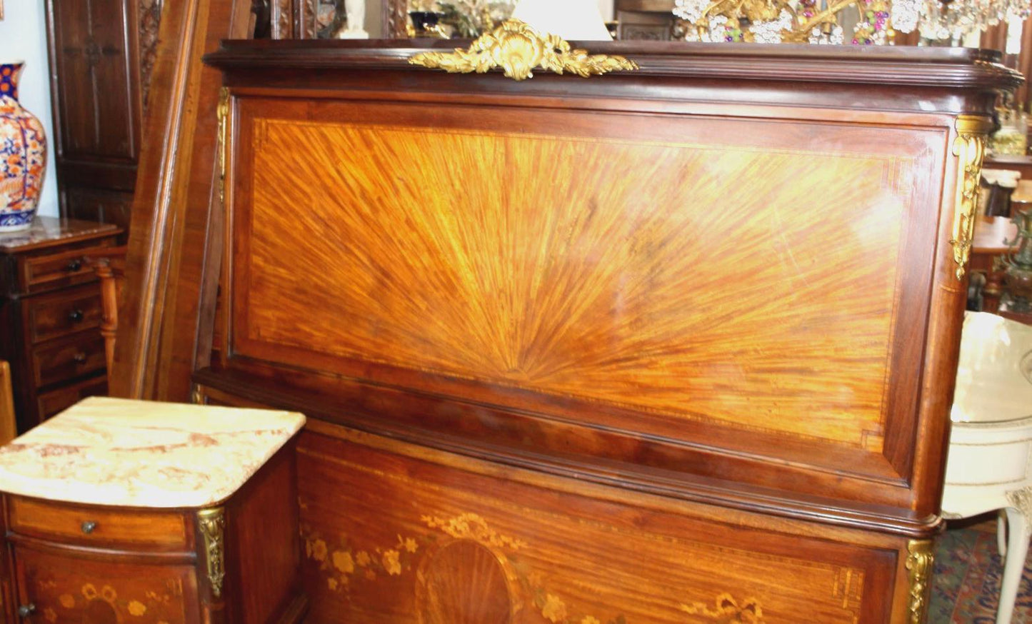 French Antique Louis XVI Inlaid Walnut Queen Bed & Nightstand | Bedroom Set