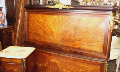 French Antique Louis XVI Inlaid Walnut Queen Bed & Nightstand | Bedroom Set