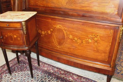 French Antique Louis XVI Inlaid Walnut Queen Bed & Nightstand | Bedroom Set