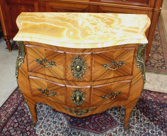 French Antique Louis XV Inlaid Chest of Drawers | Onyx Marble Top Small Dresser Commode