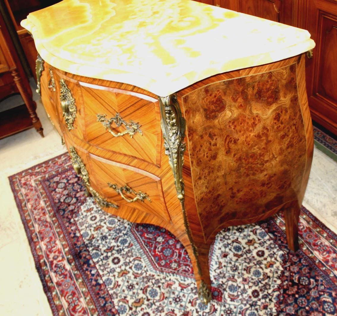 French Antique Louis XV Inlaid Chest of Drawers | Onyx Marble Top Small Dresser Commode