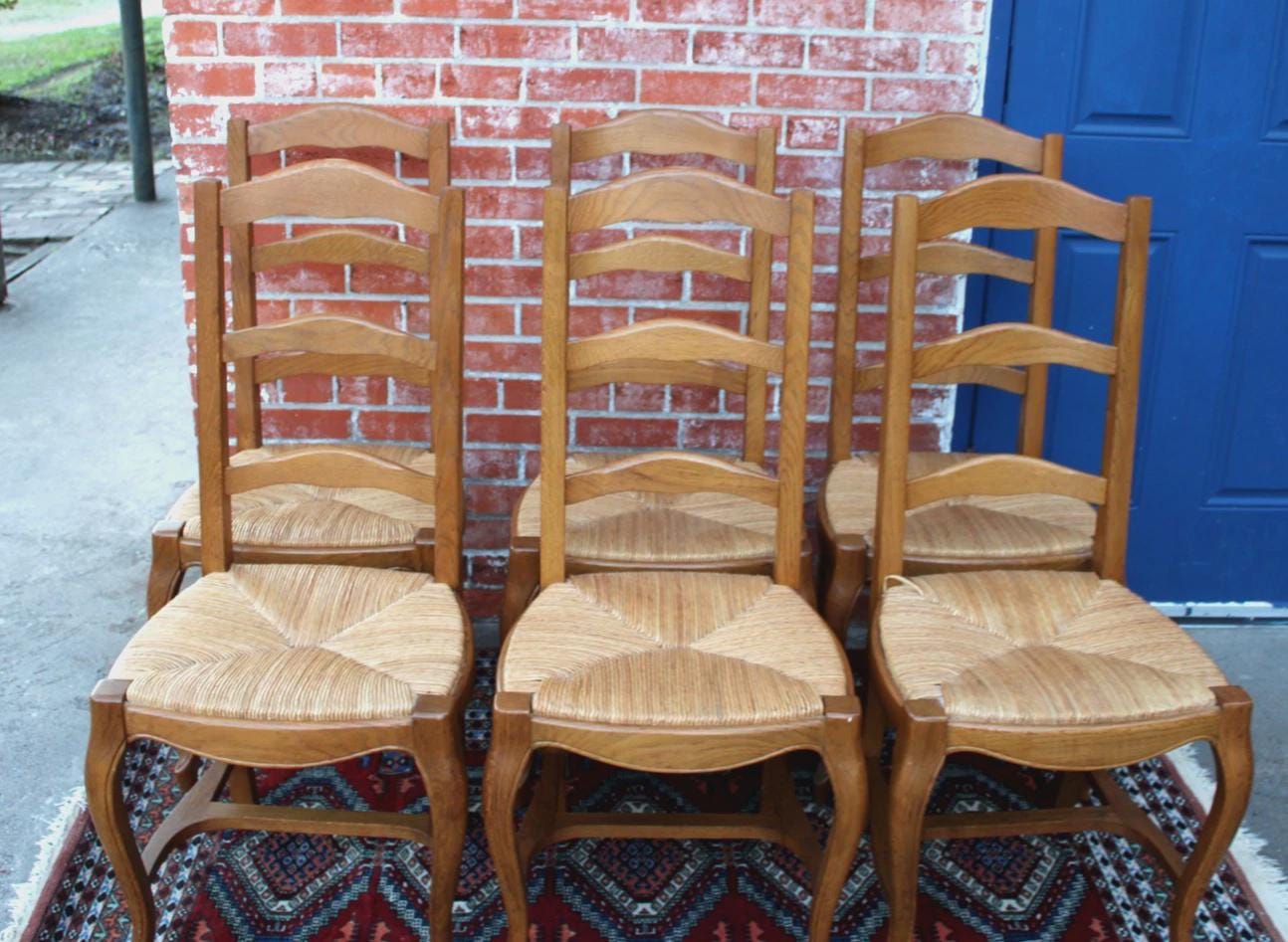 Set of 6 French Antique Oak Ladder Back Dining Chairs Rush Seats
