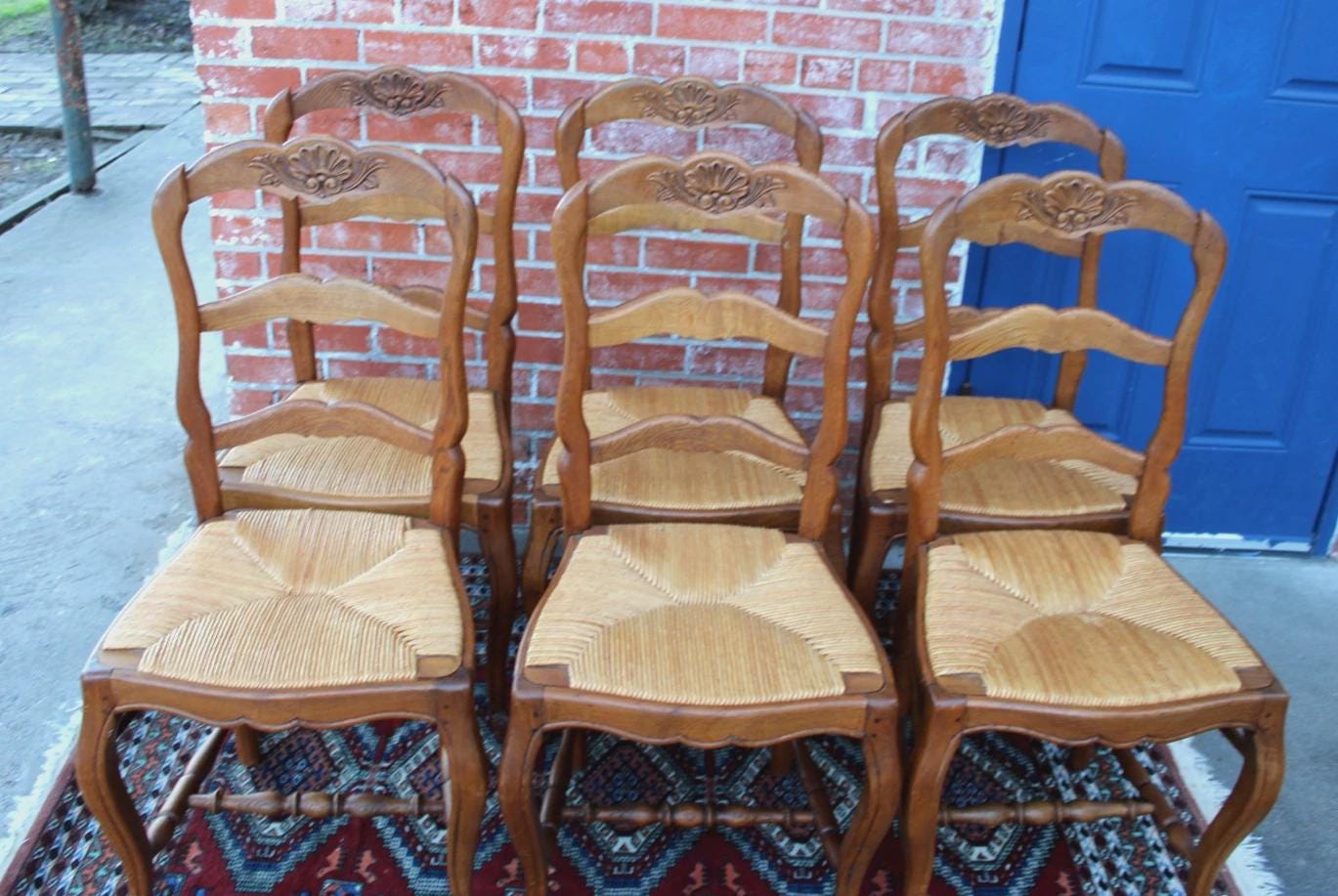 Set of 6 French Antique Louis XV Oak Dining Chairs Rush Seats
