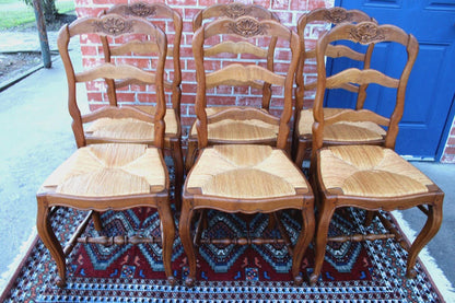 Set of 6 French Antique Louis XV Oak Dining Chairs Rush Seats