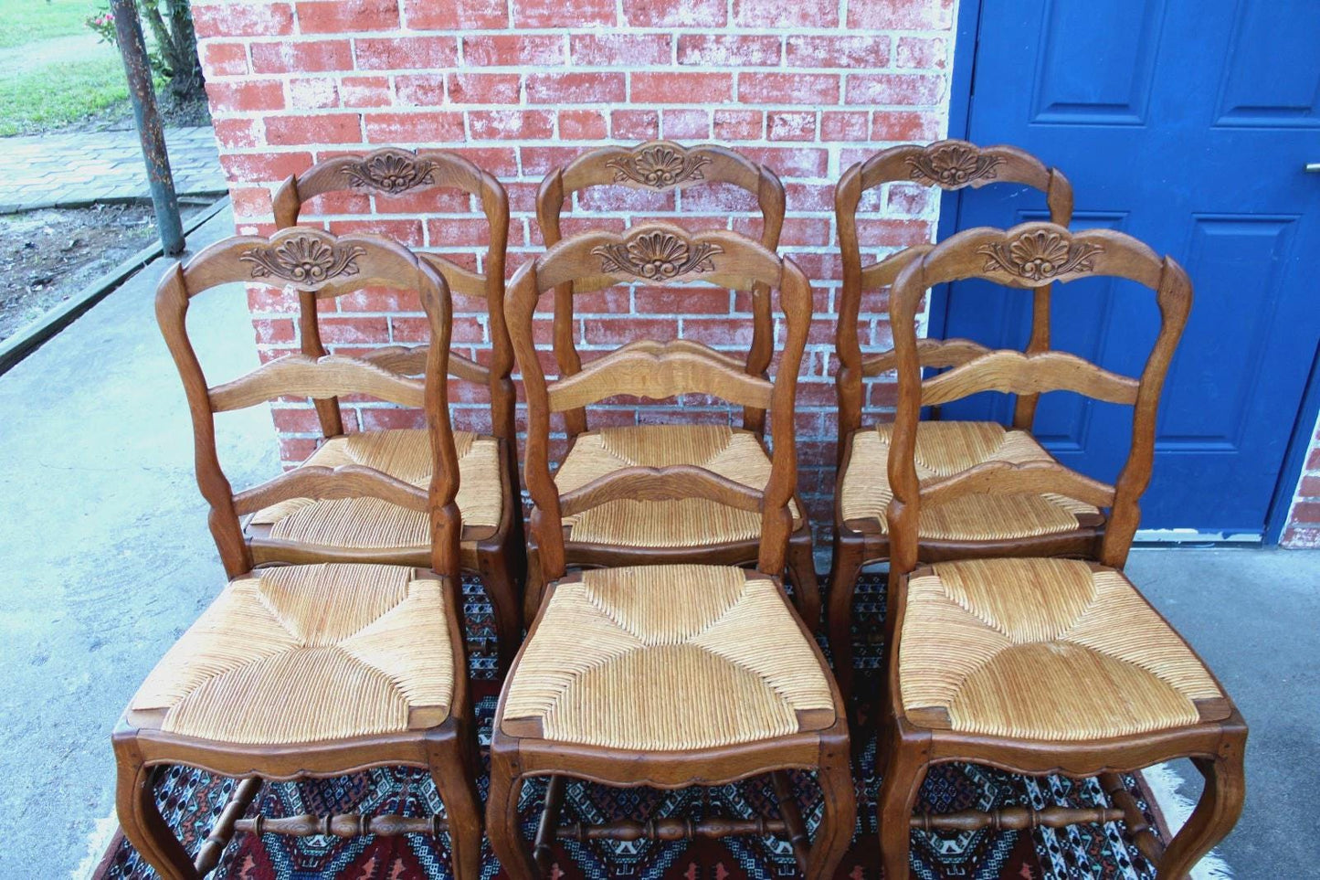 Set of 6 French Antique Louis XV Oak Dining Chairs Rush Seats