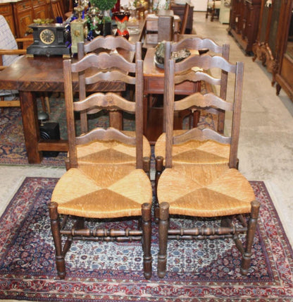Set of 4 Country French Antique Oak Ladder Back Dining Chairs w/ Rush Seats