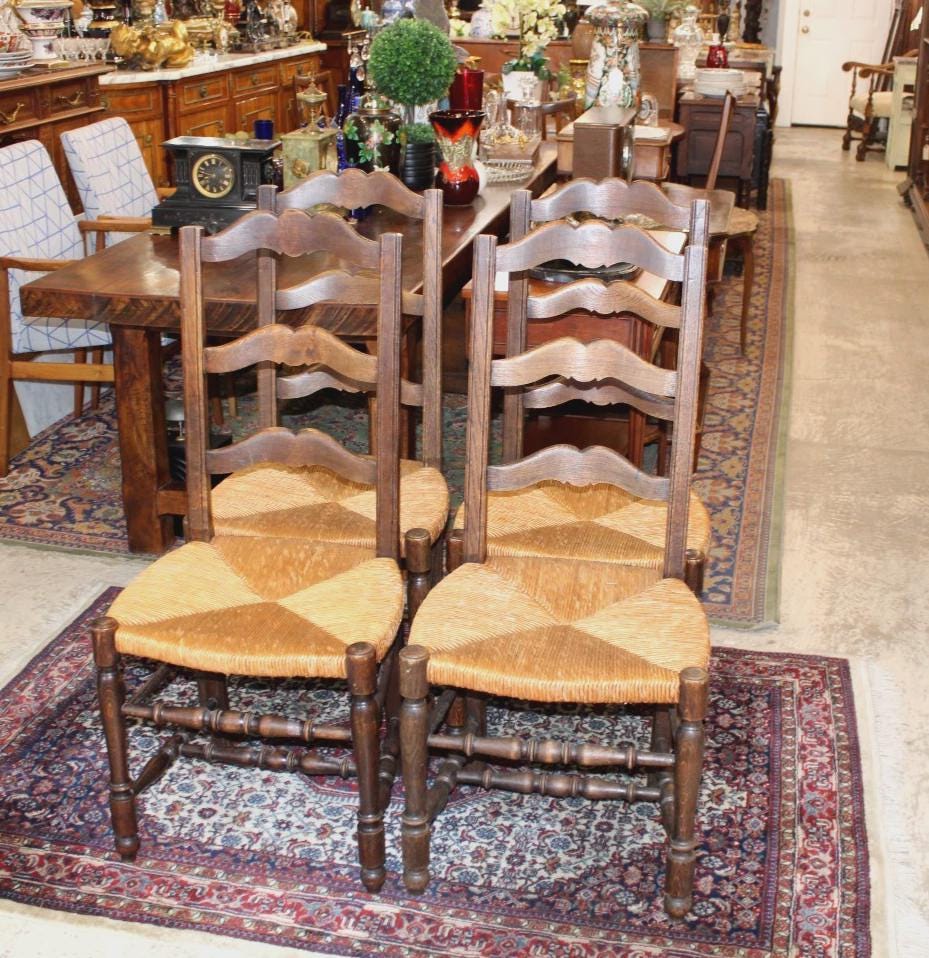 Set of 4 Country French Antique Oak Ladder Back Dining Chairs w/ Rush Seats