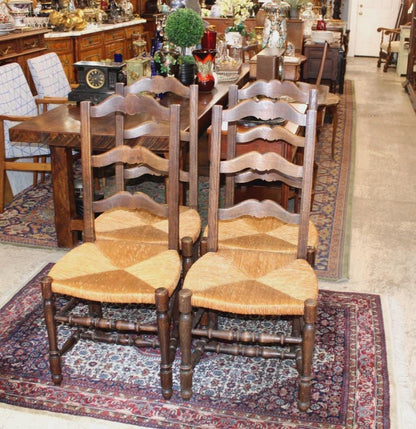 Set of 4 Country French Antique Oak Ladder Back Dining Chairs w/ Rush Seats