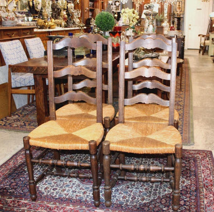 Set of 4 Country French Antique Oak Ladder Back Dining Chairs w/ Rush Seats