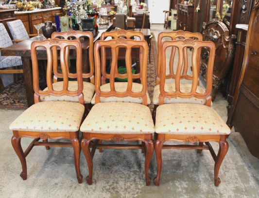 Set of 6 French Antique Louis XV Dining Chairs – Upholstered Seats, Carved Wood
