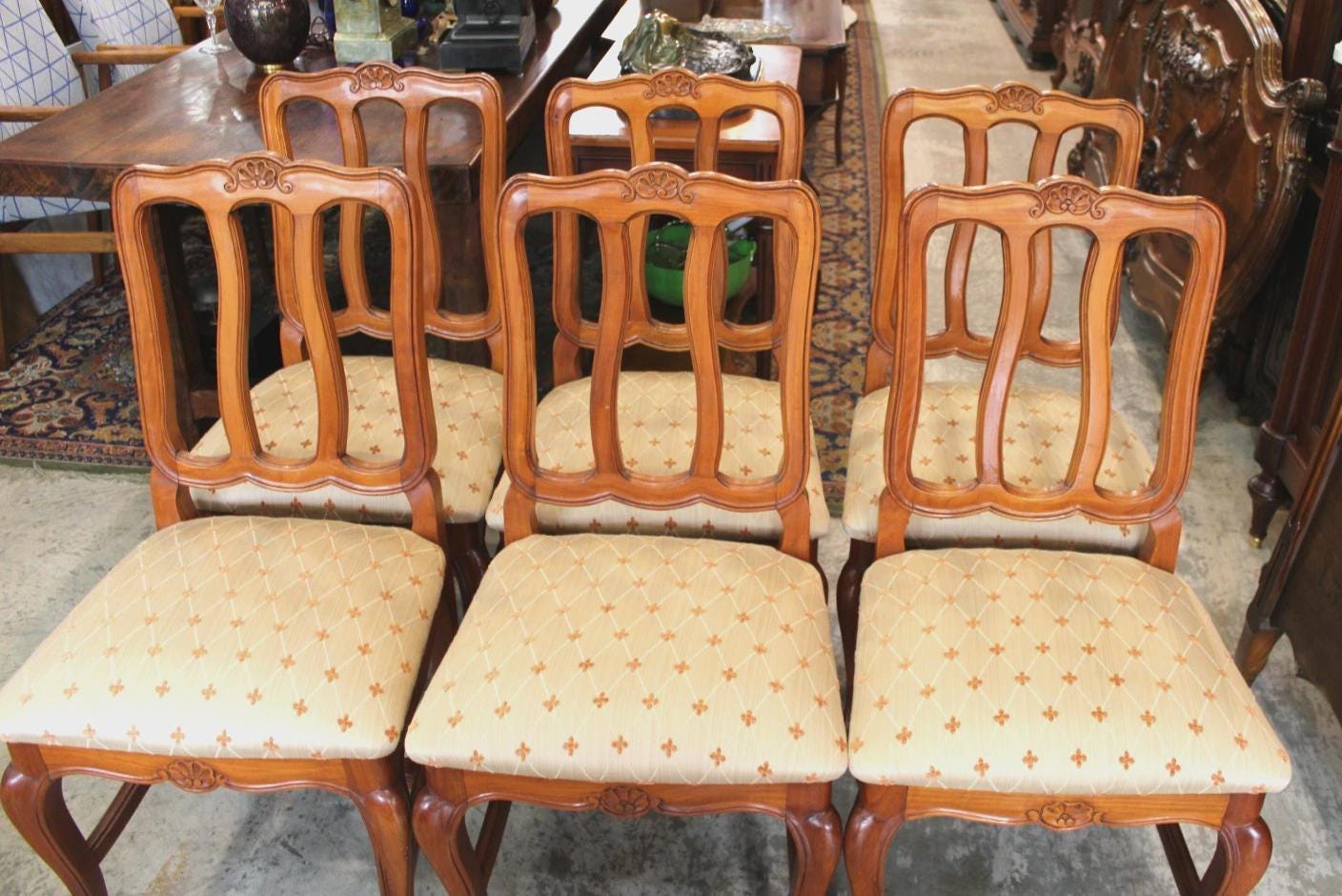 Set of 6 French Antique Louis XV Dining Chairs – Upholstered Seats, Carved Wood