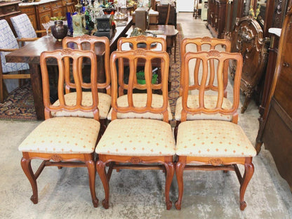 Set of 6 French Antique Louis XV Dining Chairs – Upholstered Seats, Carved Wood