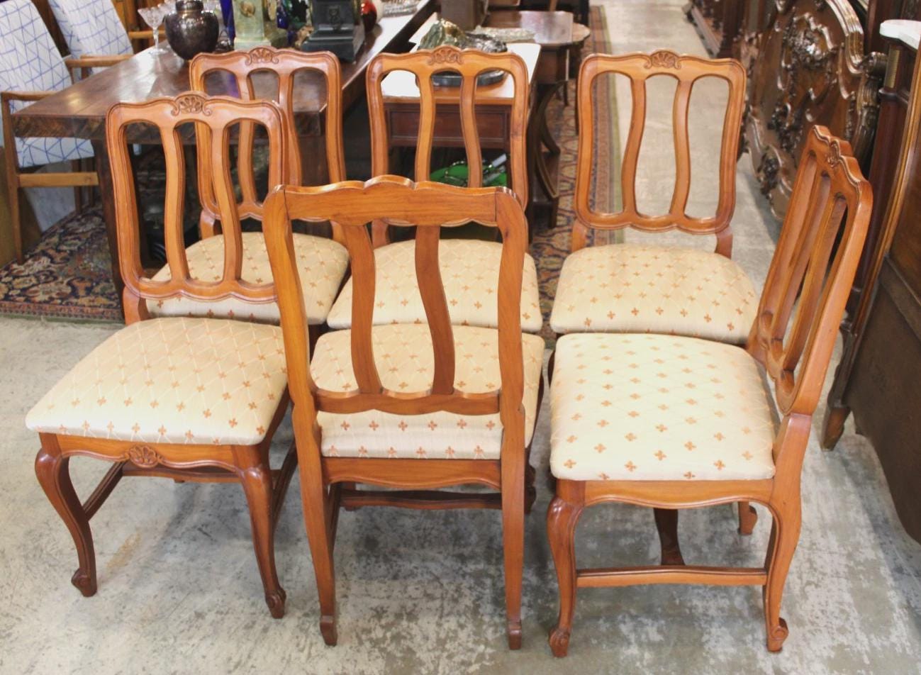 Set of 6 French Antique Louis XV Dining Chairs – Upholstered Seats, Carved Wood