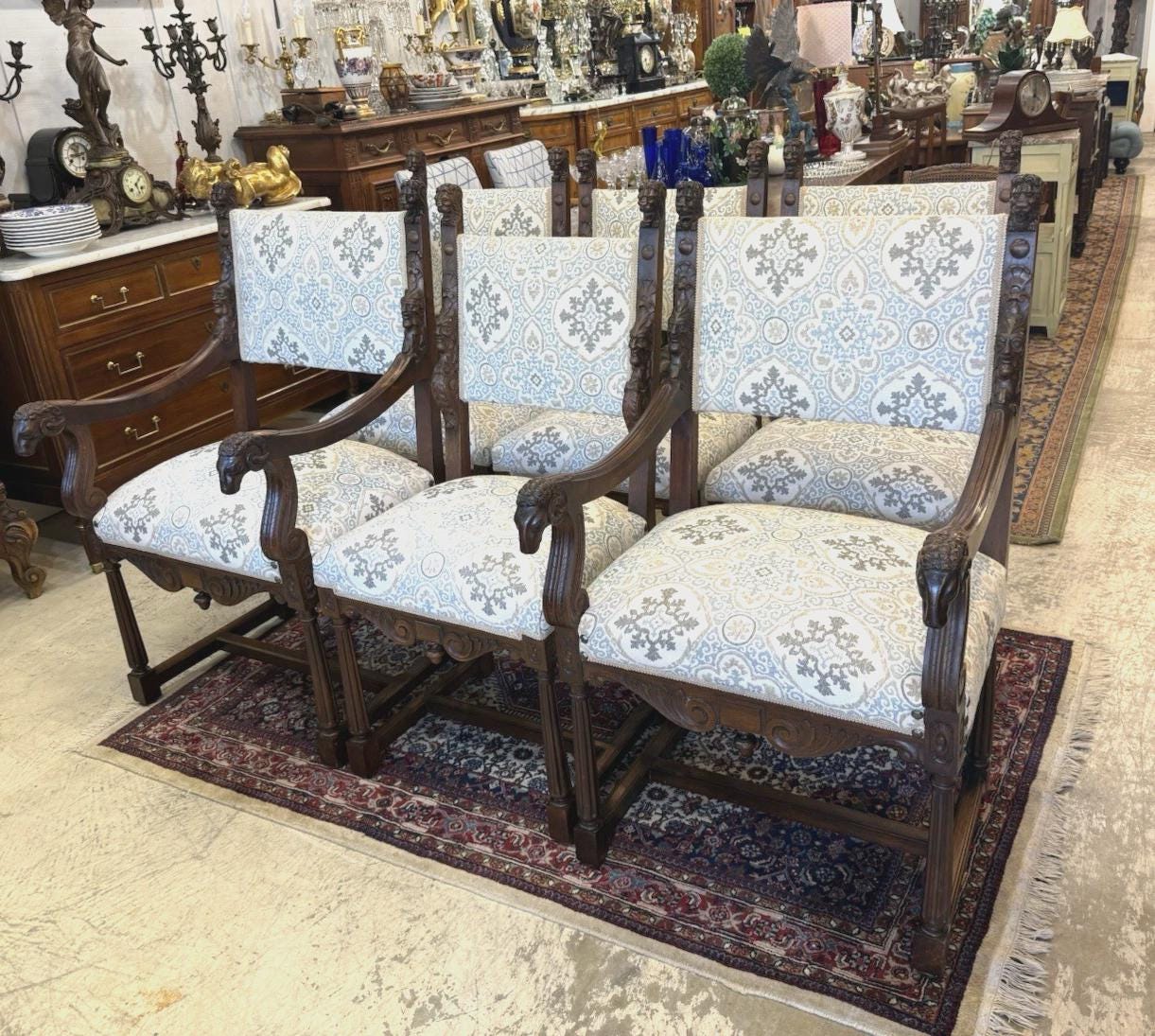 Set of 6 French Renaissance Dining Chairs | Newly Upholstered with Premium Fabric | Vintage Elegant Seating
