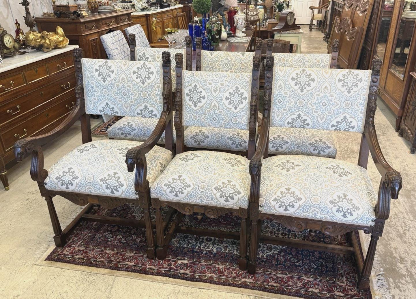 Set of 6 French Renaissance Dining Chairs | Newly Upholstered with Premium Fabric | Vintage Elegant Seating