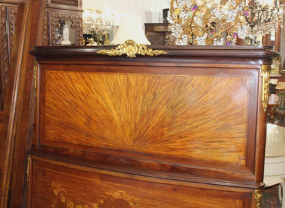 French Antique Louis XVI Inlaid Walnut Queen Bed & Nightstand | Bedroom Set