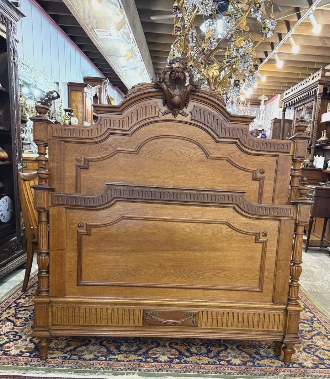 French Antique Carved Oak Henry II Full Size Bed | Ornate Rails & Slats | 19th Century Gothic Revival