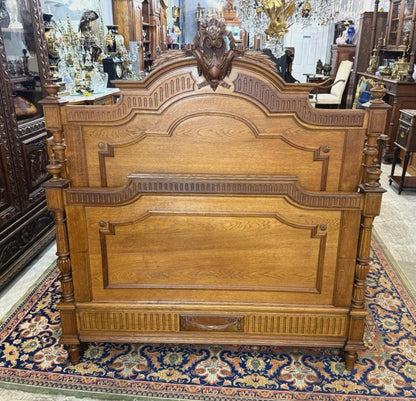 French Antique Carved Oak Henry II Full Size Bed | Ornate Rails & Slats | 19th Century Gothic Revival