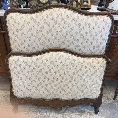 French Antique Louis XV Twin Size Bed | Dark Oak Upholstered Frame | Curved Headboard, Rails & Slats