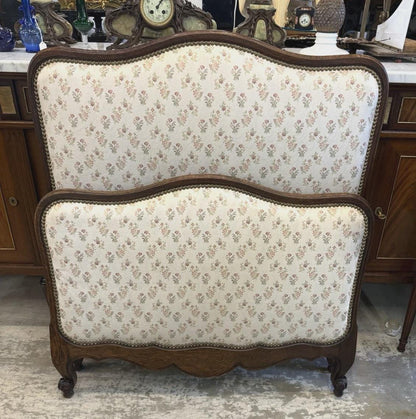 French Antique Louis XV Twin Size Bed | Dark Oak Upholstered Frame | Curved Headboard, Rails & Slats